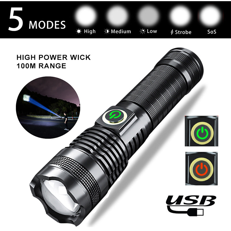 P50 LED Tactical Flashlight - High Lumens, USB Rechargeable with Battery Display & Telescopic Zoom - Waterproof Outdoor Torch
