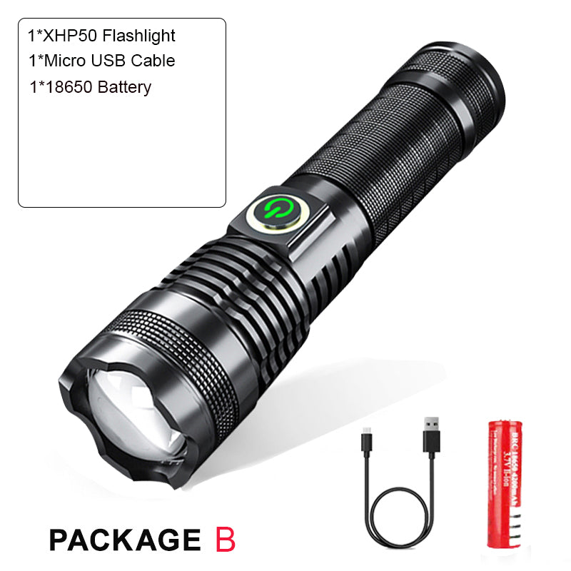 P50 LED Tactical Flashlight - High Lumens, USB Rechargeable with Battery Display & Telescopic Zoom - Waterproof Outdoor Torch