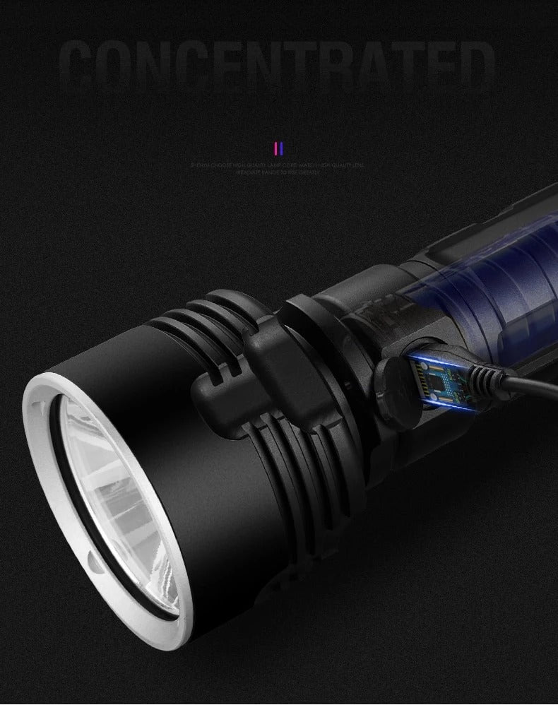 High-Power Rechargeable LED Flashlight - Super Bright Outdoor Torch with Adjustable Focus