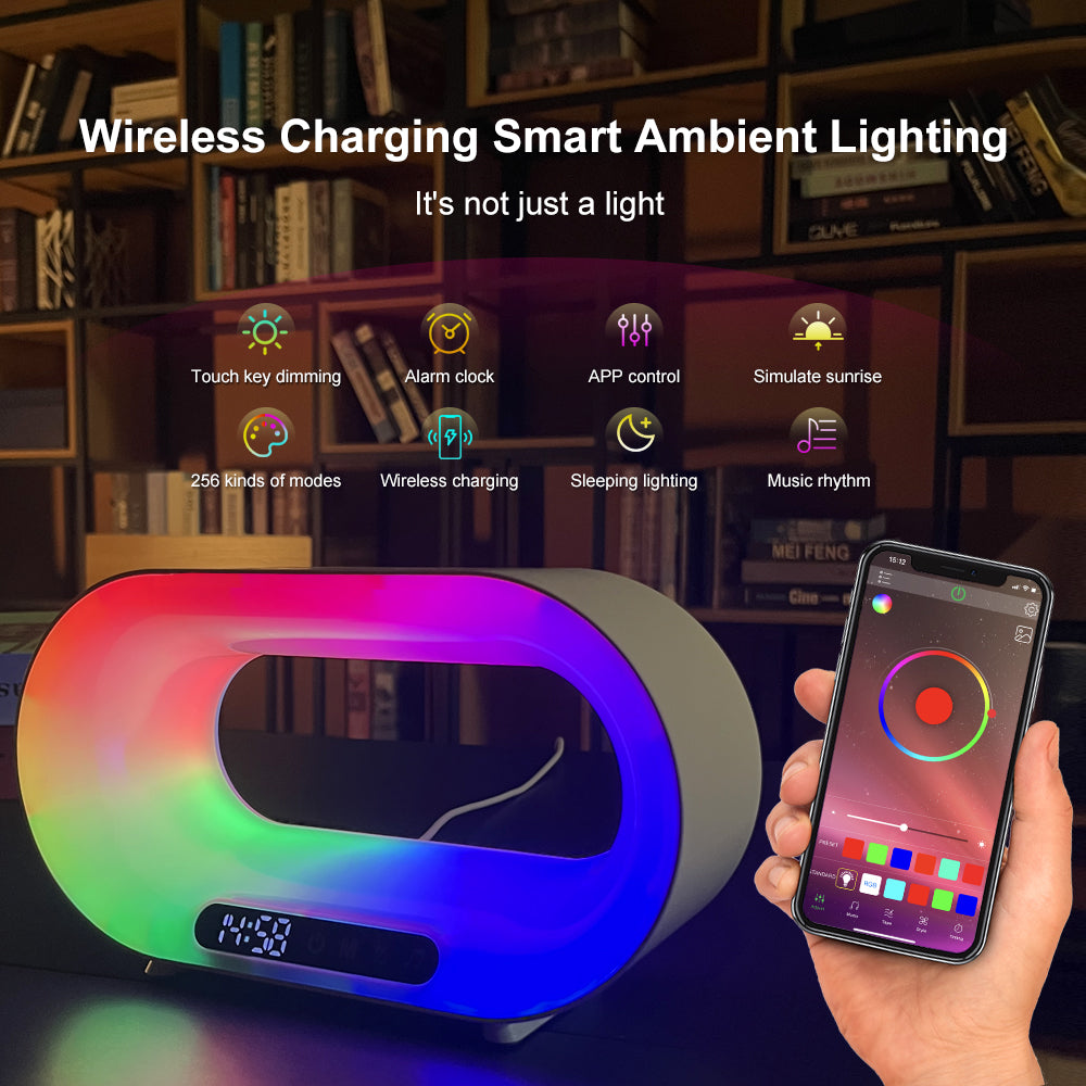 Smart RGB Atmosphere Lamp - 3-in-1 Wireless Charger & Alarm Clock
