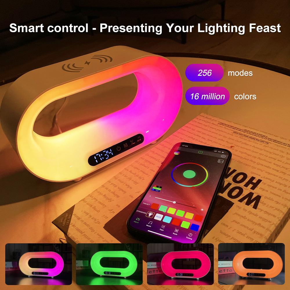 Smart RGB Atmosphere Lamp - 3-in-1 Wireless Charger & Alarm Clock