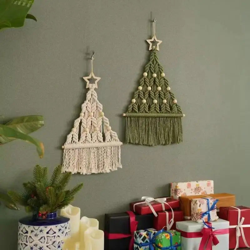2pcs Boho Macrame Christmas Tree Art Wall Door Window Hangings Xmas Decor Tapestry Handmade Cotton Cord Rope Weaving Decorations