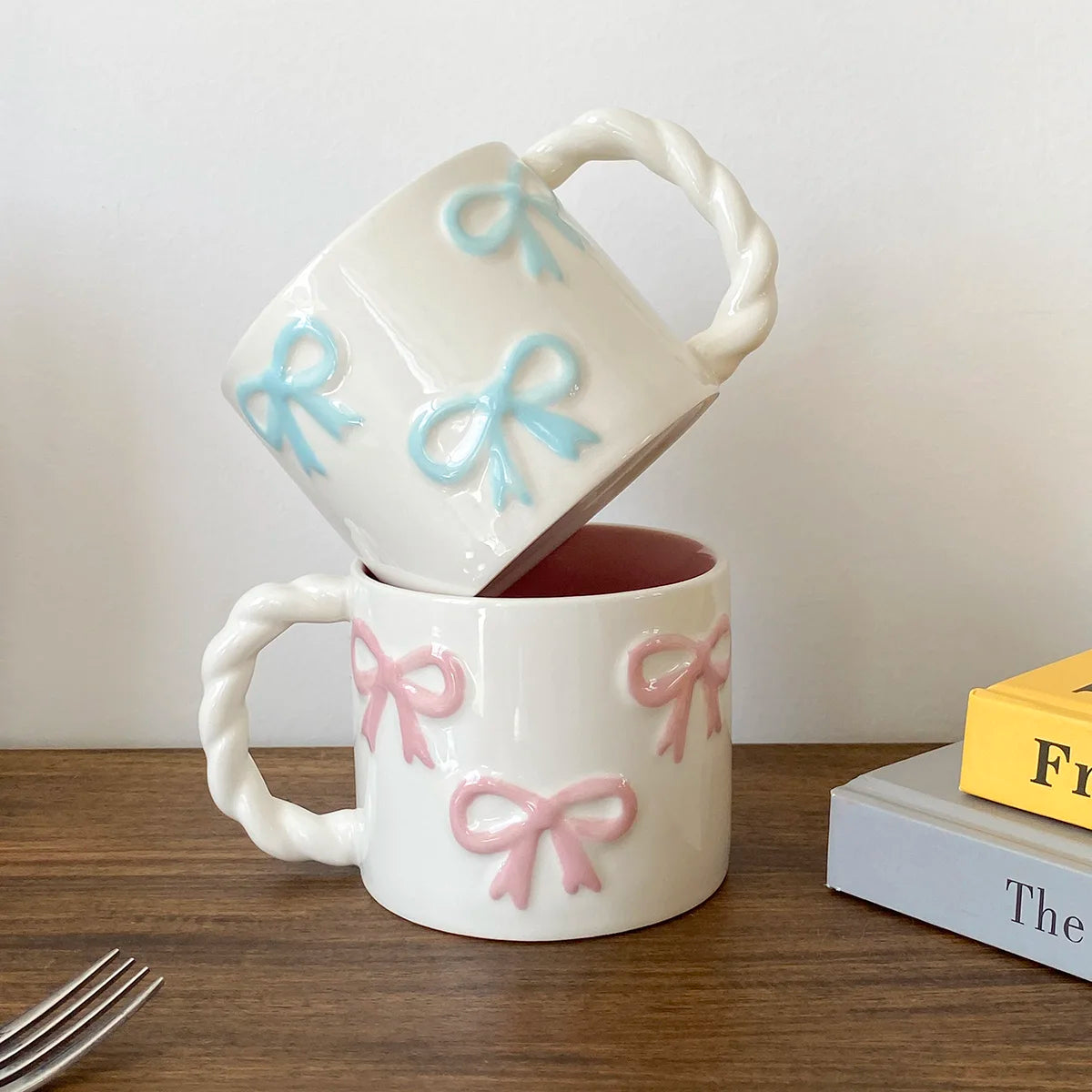 13.4oz Pink Bow Ceramic Mug with Twisted Handle – Embossed Latte Cup for Home & Café