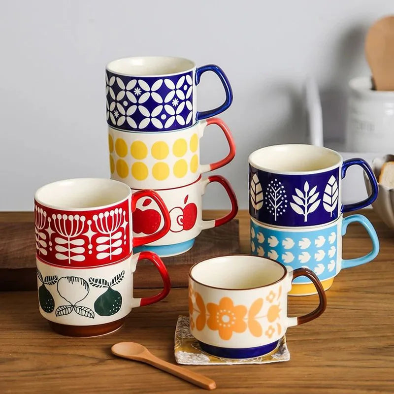 Japanese Flower Ceramic Mug 300ml – Retro Style Coffee & Oats Cup