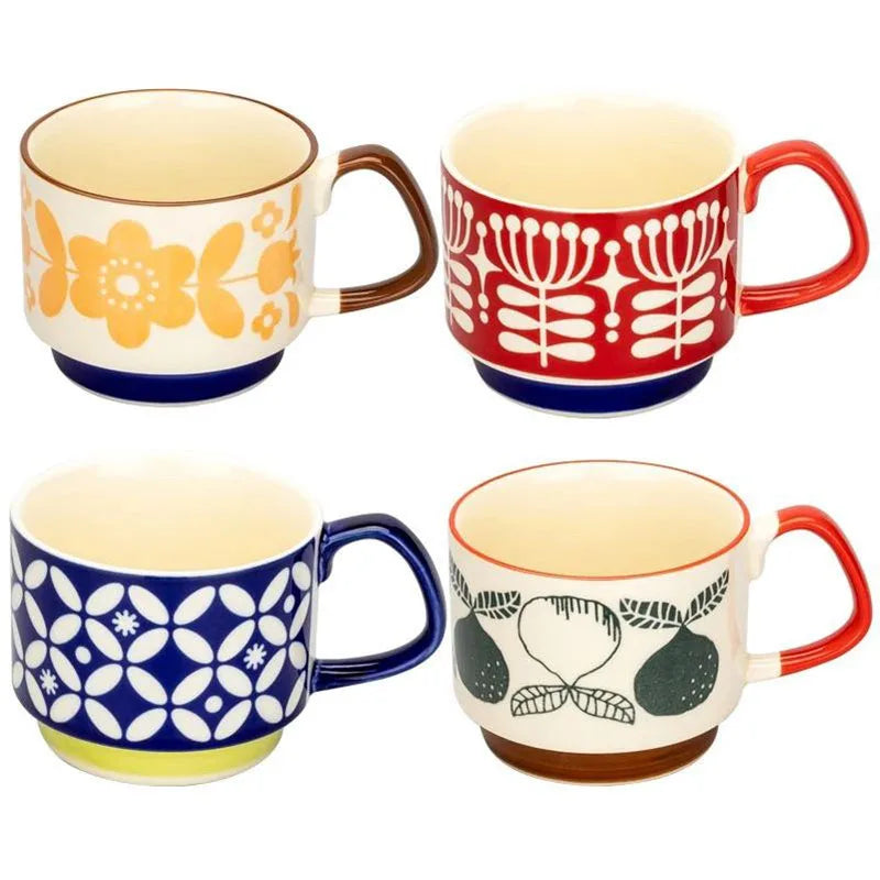 Japanese Flower Ceramic Mug 300ml – Retro Style Coffee & Oats Cup