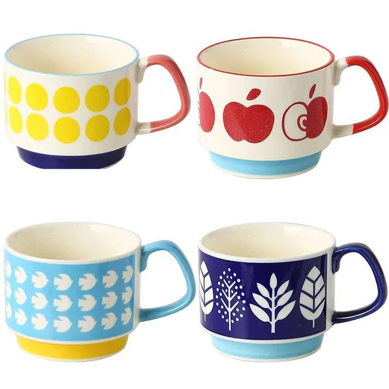 Japanese Flower Ceramic Mug 300ml – Retro Style Coffee & Oats Cup