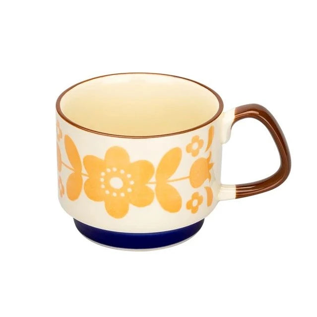 Japanese Flower Ceramic Mug 300ml – Retro Style Coffee & Oats Cup