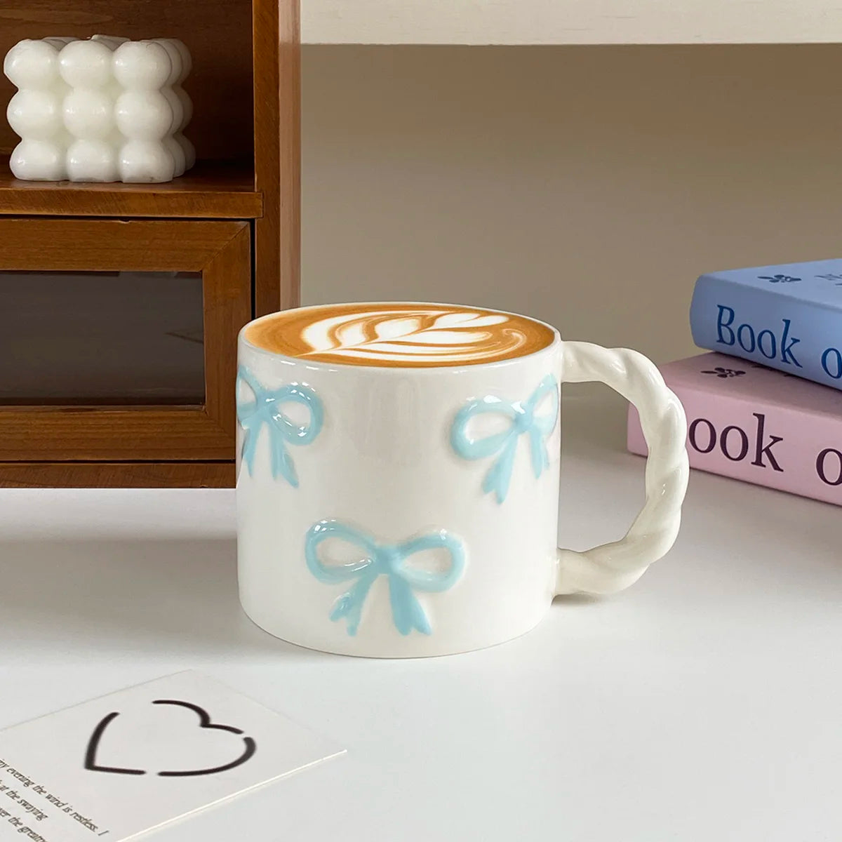 13.4oz Pink Bow Ceramic Mug with Twisted Handle – Embossed Latte Cup for Home & Café