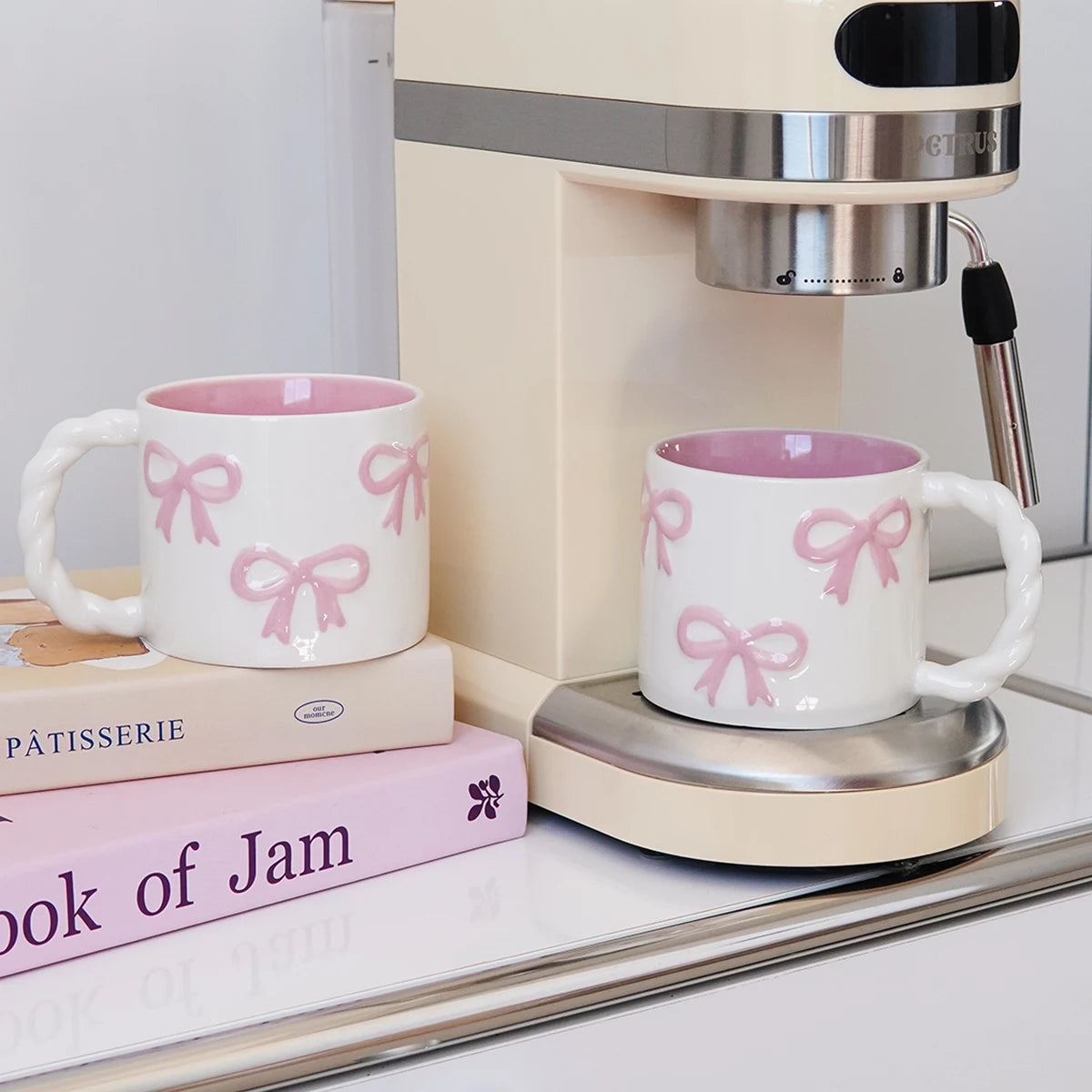 13.4oz Pink Bow Ceramic Mug with Twisted Handle – Embossed Latte Cup for Home & Café