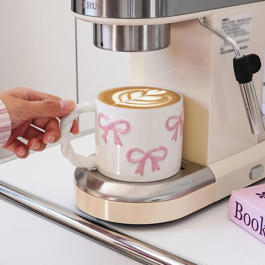 13.4oz Pink Bow Ceramic Mug with Twisted Handle – Embossed Latte Cup for Home & Café