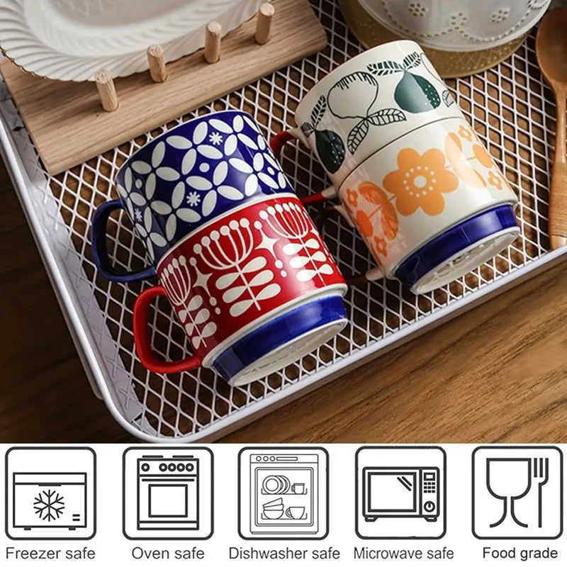 Japanese Flower Ceramic Mug 300ml – Retro Style Coffee & Oats Cup