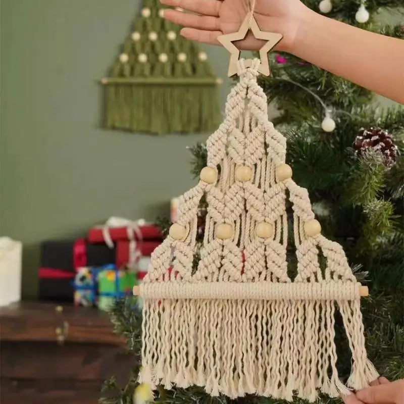 2pcs Boho Macrame Christmas Tree Art Wall Door Window Hangings Xmas Decor Tapestry Handmade Cotton Cord Rope Weaving Decorations