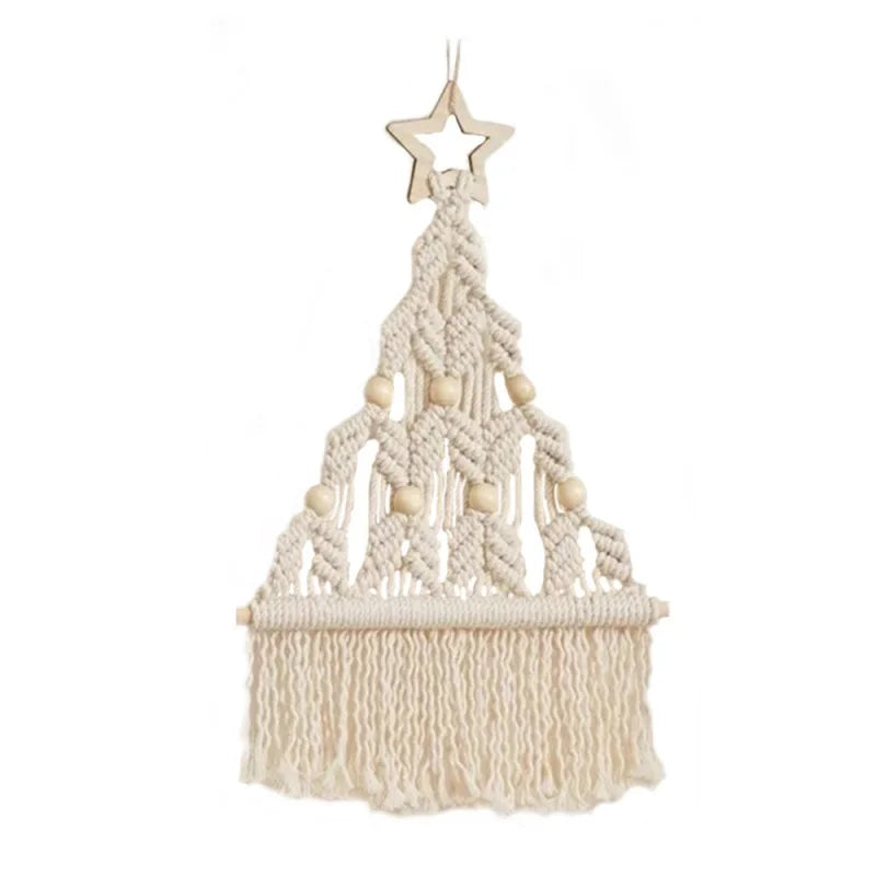 2pcs Boho Macrame Christmas Tree Art Wall Door Window Hangings Xmas Decor Tapestry Handmade Cotton Cord Rope Weaving Decorations