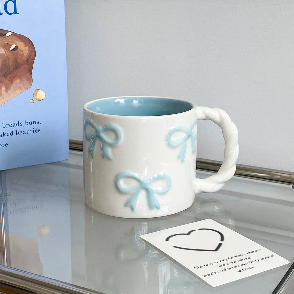 13.4oz Pink Bow Ceramic Mug with Twisted Handle – Embossed Latte Cup for Home & Café
