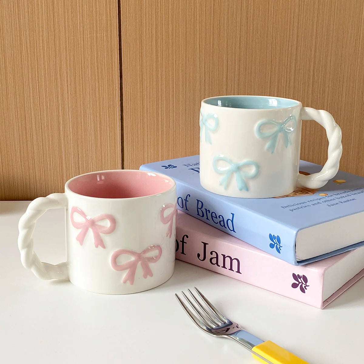 13.4oz Pink Bow Ceramic Mug with Twisted Handle – Embossed Latte Cup for Home & Café