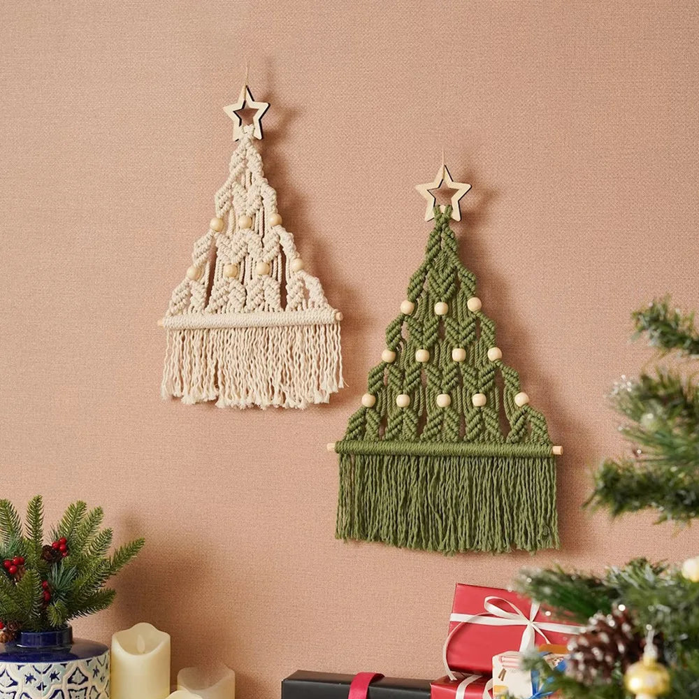 2pcs Boho Macrame Christmas Tree Art Wall Door Window Hangings Xmas Decor Tapestry Handmade Cotton Cord Rope Weaving Decorations