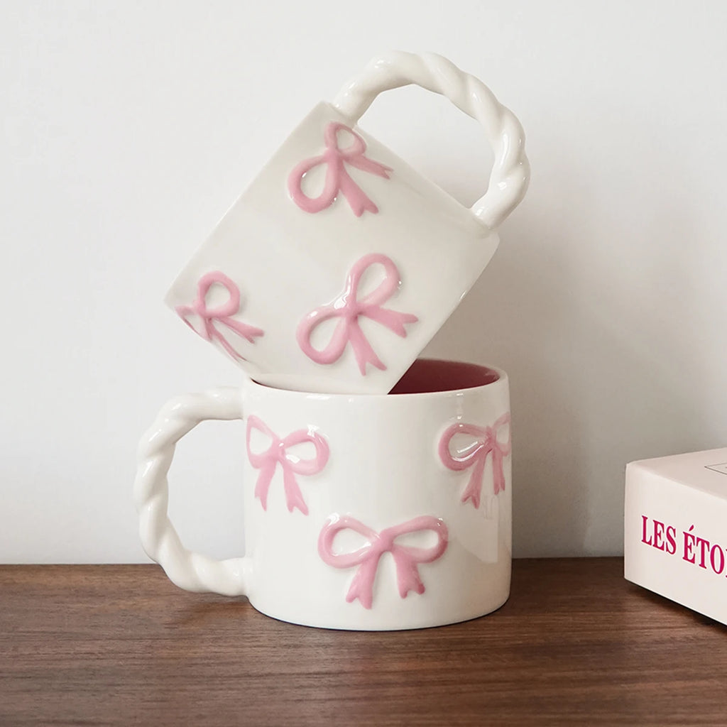 13.4oz Pink Bow Ceramic Mug with Twisted Handle – Embossed Latte Cup for Home & Café