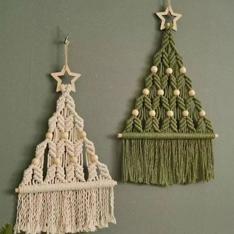 2pcs Boho Macrame Christmas Tree Art Wall Door Window Hangings Xmas Decor Tapestry Handmade Cotton Cord Rope Weaving Decorations