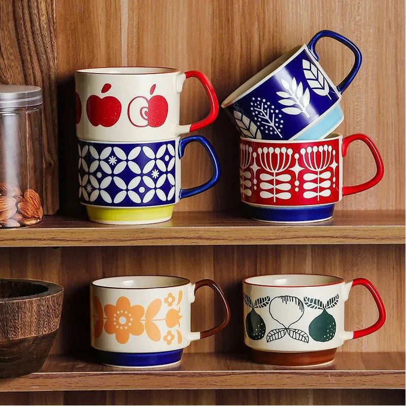 Japanese Flower Ceramic Mug 300ml – Retro Style Coffee & Oats Cup