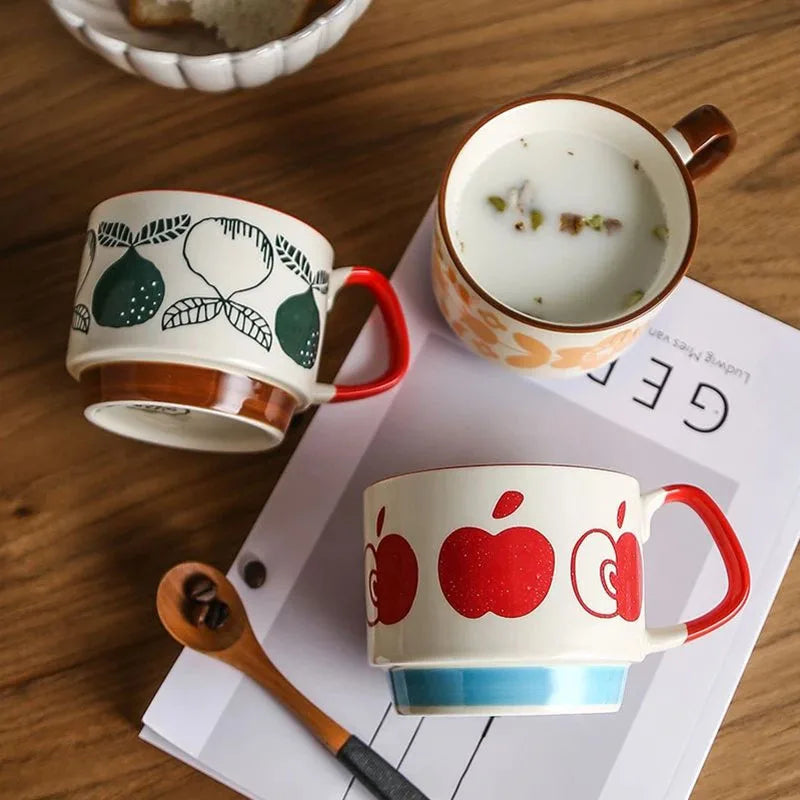 Japanese Flower Ceramic Mug 300ml – Retro Style Coffee & Oats Cup