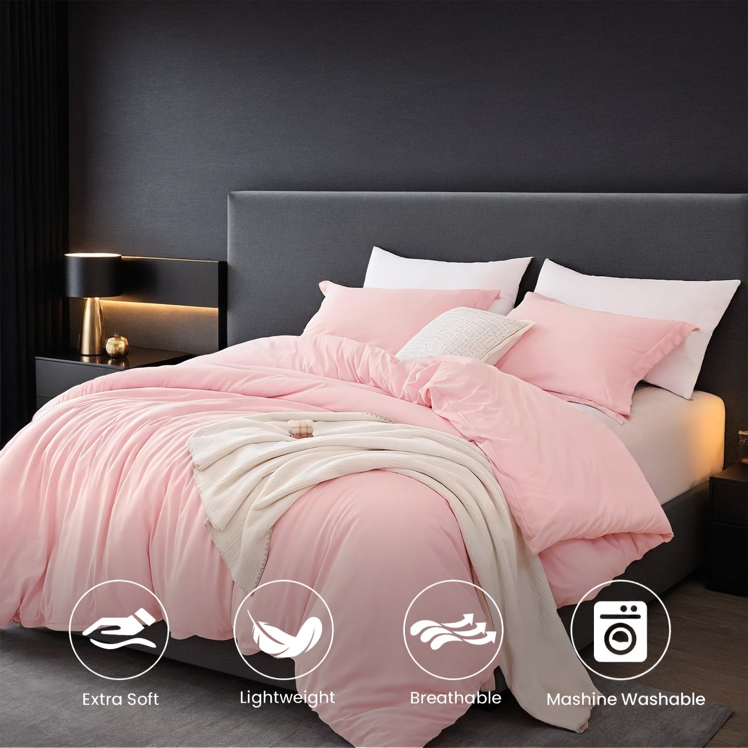 Oversized Duvet Cover Set in Solid Color – Premium Microfiber, Hotel-Style Minimalist Design (White & Pink)