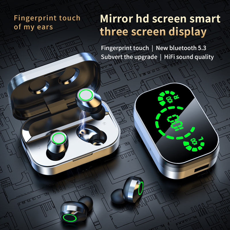 YD03 Wireless Bluetooth 5.3 Headphones - TWS In-Ear Earbuds with Large Mirror Display & LED Breathing Light